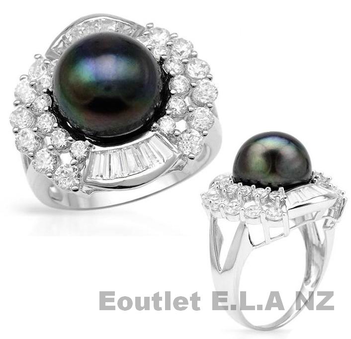 GENUINE 12mm BLACK PEARL SOLID SILVER RING-size 9